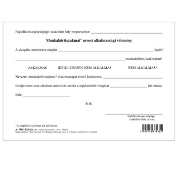 Munkaköri / szakmai orvosi alkalmassági vélemény szabadlap A/5 fekvő