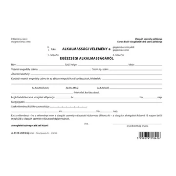 Alkalmassági vélemény a gépjárművezetői alkalmasságról 2 lapos garnitúra A/5 fekvő