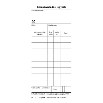 Készpénzeladási jegyzék 50x2 lapos tömb 70x140 mm Készpénzeladási jegyzék 50x2 lapos tömb 70x140 mm