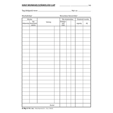 Havi munkaelszámolás szabadlap A/4 fekvő