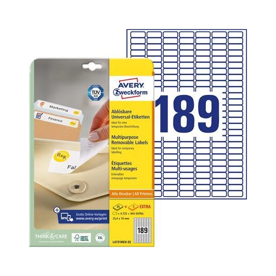 Etikett, univerzális, eltávolítható, 25,4x10 mm, AVERY ZWECKFORM, 5670 etikett/csomag Etikett, univerzális, eltávolítható, 25,4x10 mm, AVERY ZWECKFORM, 5670 etikett/csomag