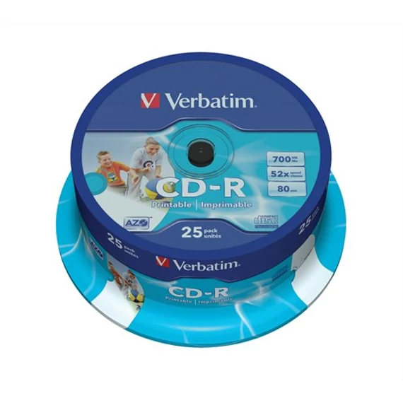 CD-R lemez, nyomtatható, matt, ID, AZO, 700MB, 52x, 25 db, hengeren, VERBATIM CD-R lemez, nyomtatható, matt, ID, AZO, 700MB, 52x, 25 db, hengeren, VERBATIM