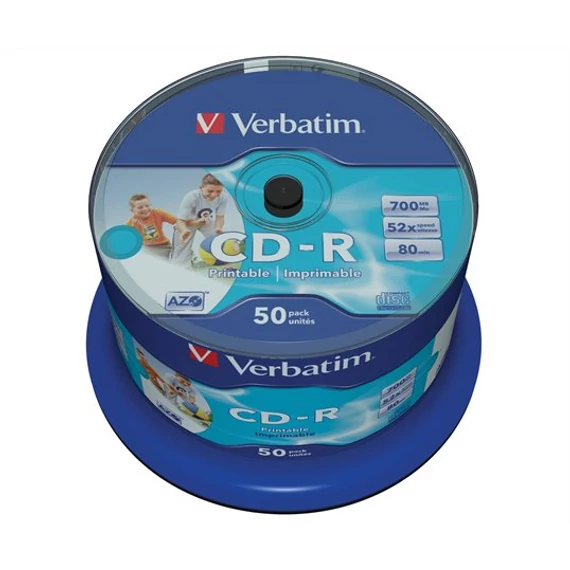 CD-R lemez, nyomtatható, matt, no-ID, AZO, 700MB, 52x, 50 db, hengeren, VERBATIM