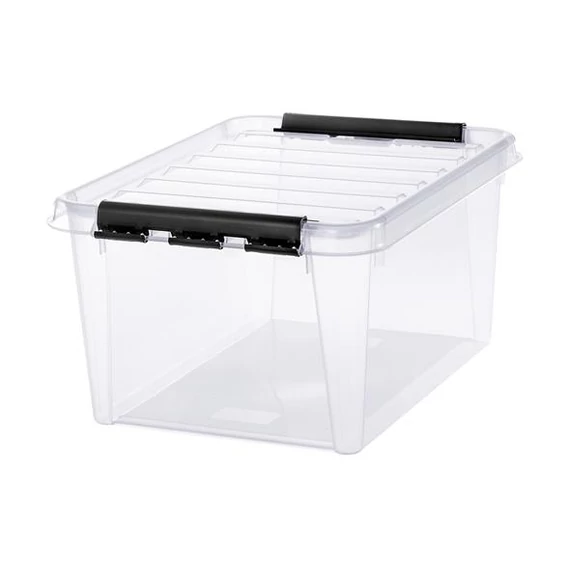 Műanyag tárolódoboz, 32 liter, fekete fogantyúkkal, SMARTSTORE "Classic 31", átlátszó