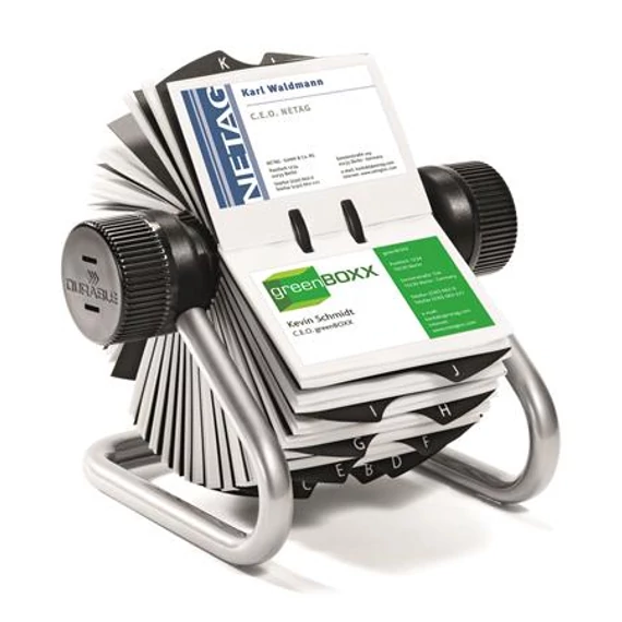 Névjegykártyatartó, fém, 400 db-os, forgatható, fekvő, DURABLE, "VISIFIX®", ezüst Névjegykártyatartó, fém, 400 db-os, forgatható, fekvő, DURABLE, "VISIFIX®", ezüst