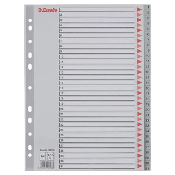 Regiszter, műanyag, A4, 1-31, ESSELTE, szürke