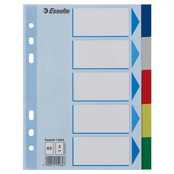 Regiszter, műanyag, A5, 5 részes, ESSELTE, színes