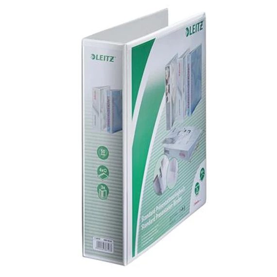 Gyűrűs könyv, panorámás, 4 gyűrű, D alakú, 77 mm, A4 Maxi, PP, LEITZ, fehér Gyűrűs könyv, panorámás, 4 gyűrű, D alakú, 77 mm, A4 Maxi, PP, LEITZ, fehér
