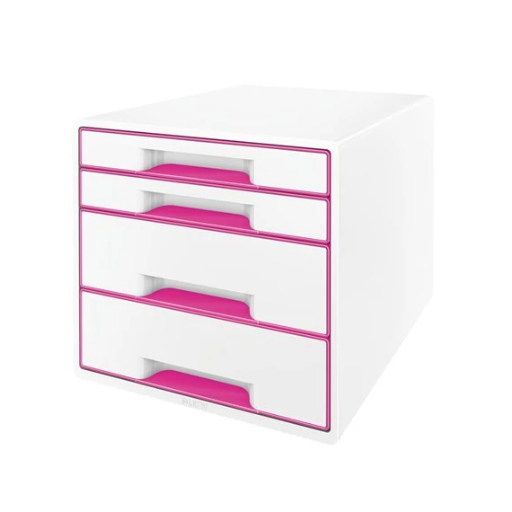 Irattároló, műanyag, 4 fiókos, LEITZ "Wow Cube", fehér/rózsaszín