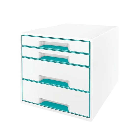 Irattároló, műanyag, 4 fiókos, LEITZ "Wow Cube", fehér/jégkék