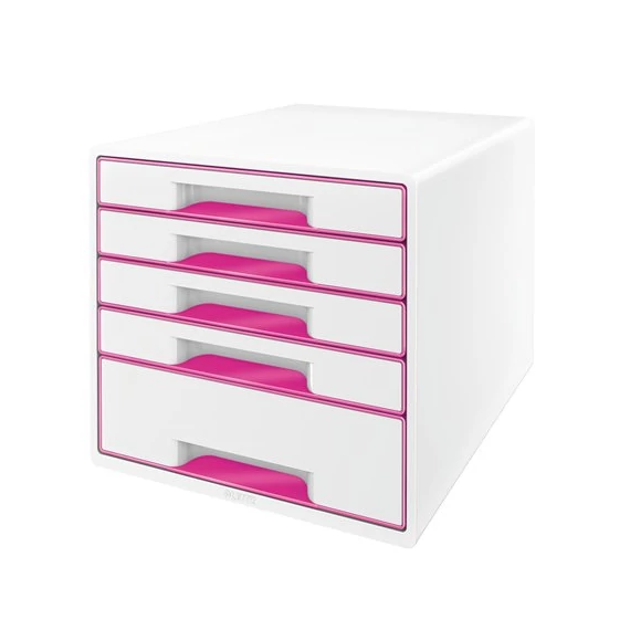 Irattároló, műanyag, 5 fiókos, LEITZ "Wow Cube", fehér/rózsaszín