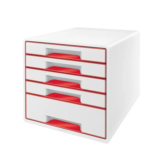 Irattároló, műanyag, 5 fiókos, LEITZ "Wow Cube", fehér/piros