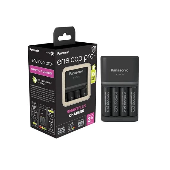 Elemtöltő, AA/AAA, 4x2500 mAh AA, gyorstöltő, PANASONIC "Eneloop Pro"