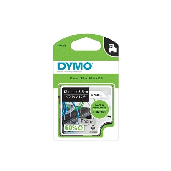 Feliratozógép szalag, flexibilis ID, 12 mm x 3,5 m, DYMO "D1", fehér-fekete