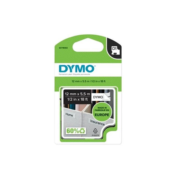 Feliratozógép szalag, tartós poliészter 12 mm x 5,5 m, DYMO "D1", fehér-fekete