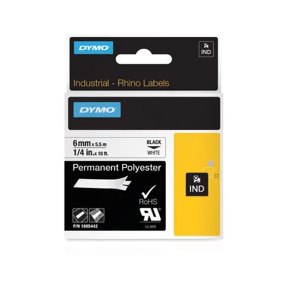 Feliratozógép szalag, tartós poliészter, 6mm x 5,5 m, DYMO, "Rhino", fehér-fekete