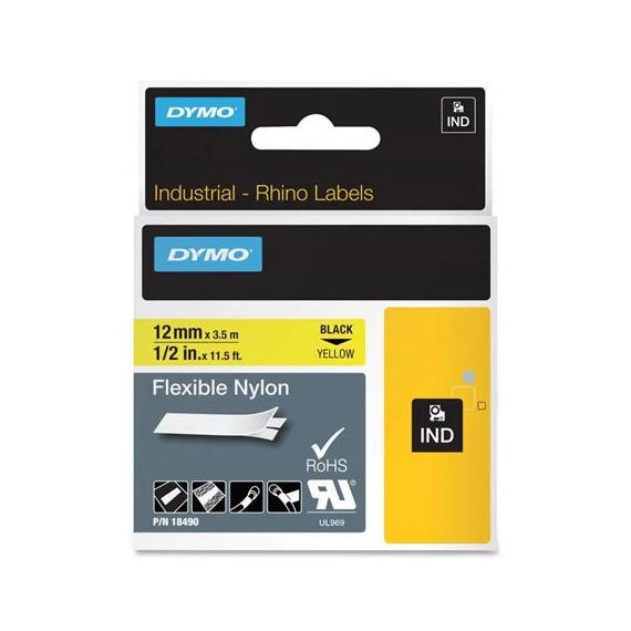 Feliratozógép szalag, flexibilis ID, 12 mm x 3,5 m, DYMO "Rhino", sárga-fekete