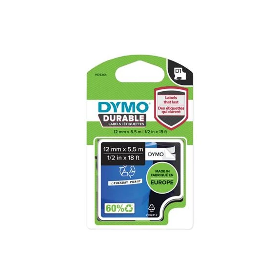 Feliratozógép szalag, 12 mm x 5,5 m, tartós, DYMO "D1", fehér-fekete