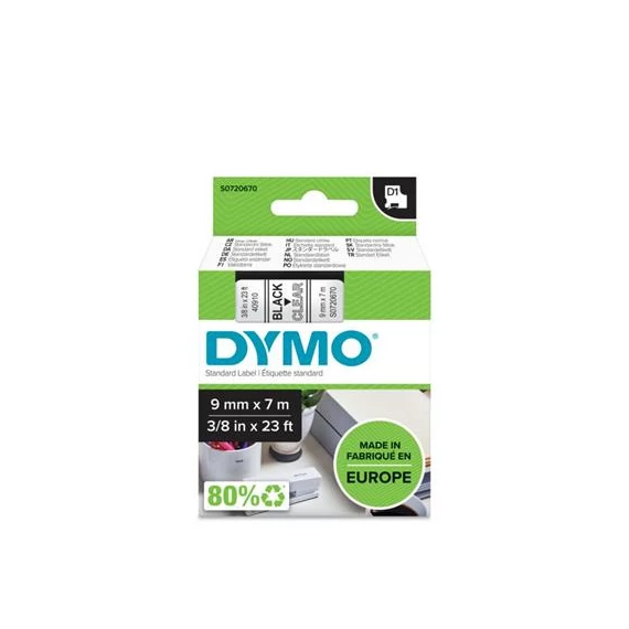 Feliratozógép szalag, 9 mm x 7 m, DYMO "D1", víztiszta-fekete