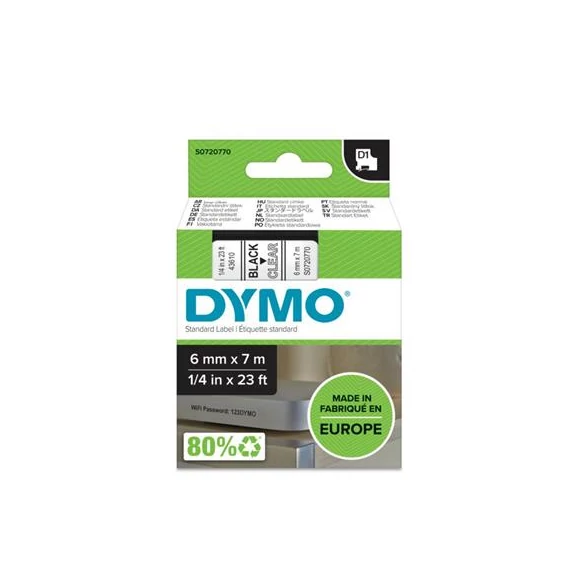 Feliratozógép szalag, 6 mm x 7 m, DYMO "D1", víztiszta-fekete