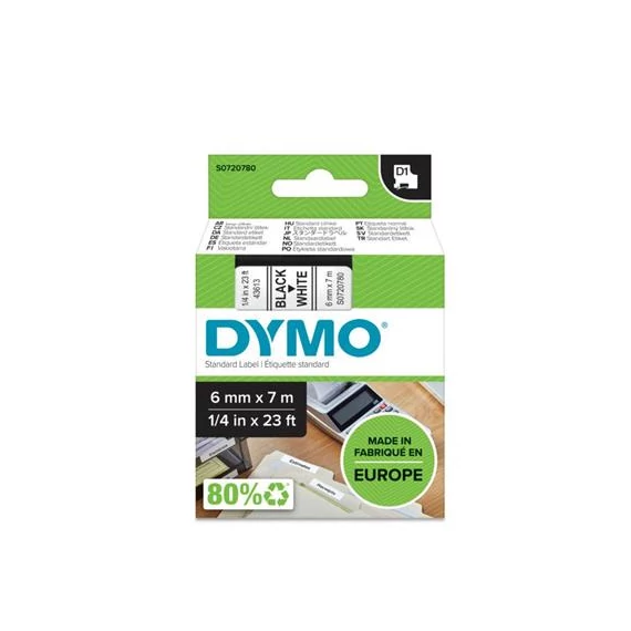 Feliratozógép szalag, 6 mm x 7 m, DYMO "D1", fehér-fekete