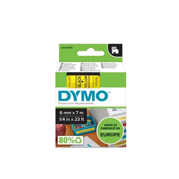 Feliratozógép szalag, 6 mm x 7 m, DYMO "D1", sárga-fekete