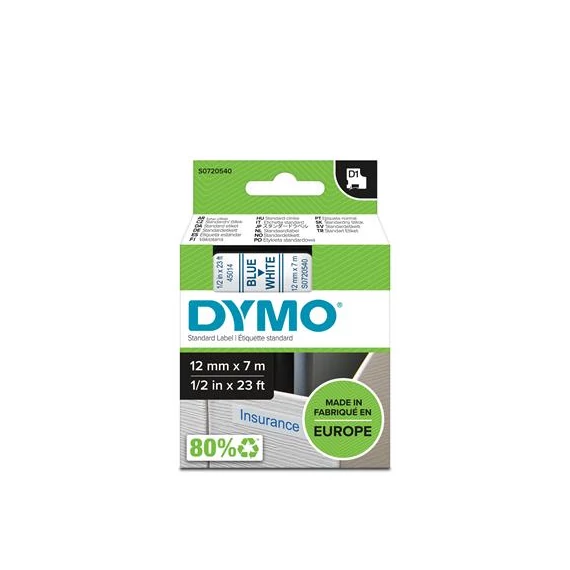 Feliratozógép szalag, 12 mm x 7 m, DYMO "D1", fehér-kék