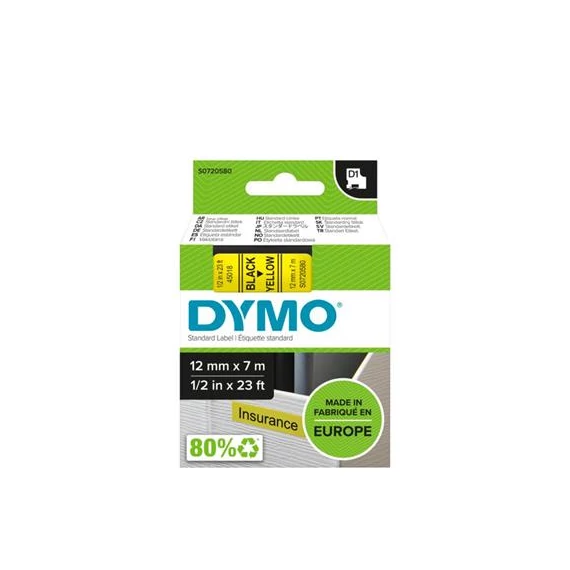 Feliratozógép szalag, 12 mm x 7 m, DYMO "D1", sárga-fekete