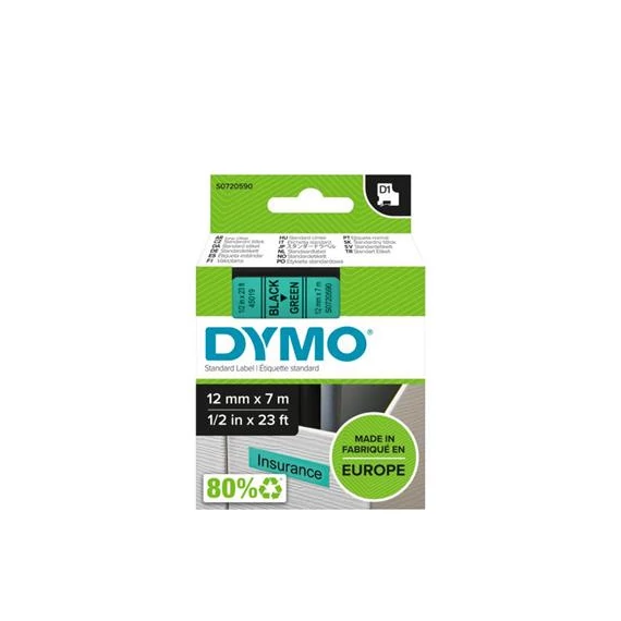Feliratozógép szalag, 12 mm x 7 m, DYMO "D1", zöld-fekete