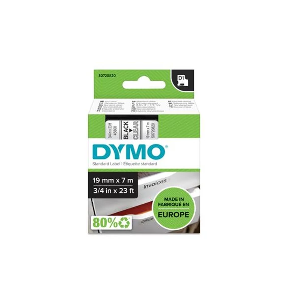 Feliratozógép szalag, 19 mm x 7 m, DYMO "D1", víztiszta-fekete