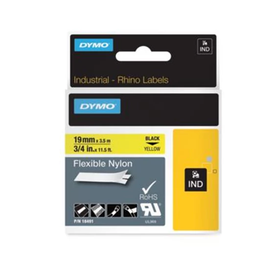 Feliratozógép szalag, flexibilis ID, 19 mm x 3,5 m, DYMO "Rhino", sárga-fekete