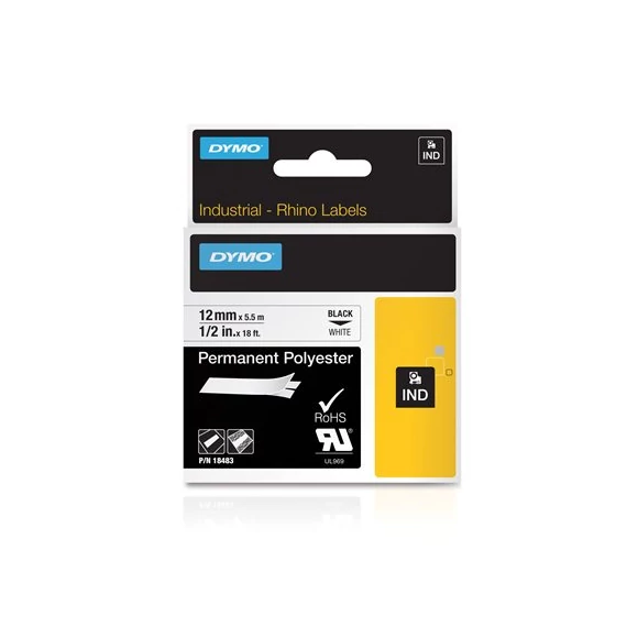 Feliratozógép szalag, tartós poliészter, 12 mm x 5,5 m, DYMO "Rhino", fehér-fekete