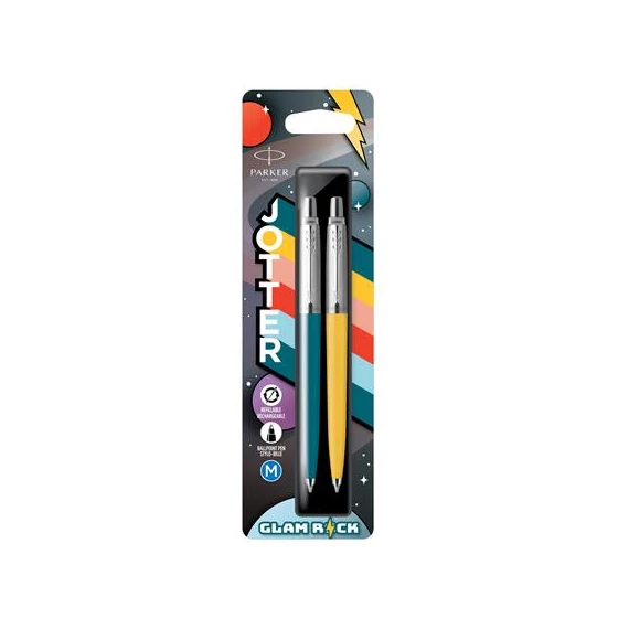 Golyóstoll szett, 0,7 mm, ezüst színű klip, kék és sárga tolltest, PARKER "Jotter Glam Rock", kék