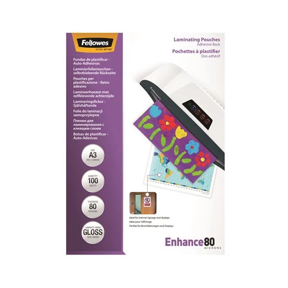 Meleglamináló fólia, 80 mikron, A3, fényes, öntapadó, 100 db, FELLOWES Meleglamináló fólia, 80 mikron, A3, fényes, öntapadó, 100 db, FELLOWES