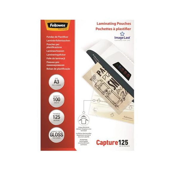 Meleglamináló fólia, 125 mikron, A3, fényes, 100 db, FELLOWES