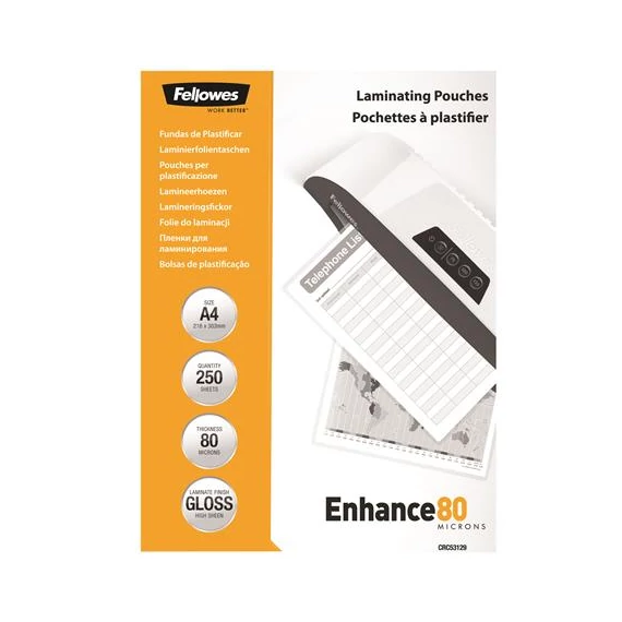 Meleglamináló fólia, 80 mikron, A4, fényes, 250 db, FELLOWES
