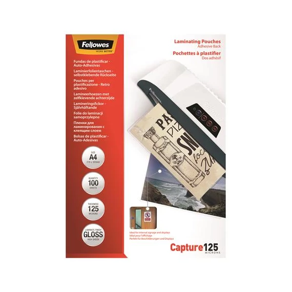 Meleglamináló fólia, 125 mikron, A4, fényes, öntapadó, 100 db, FELLOWES