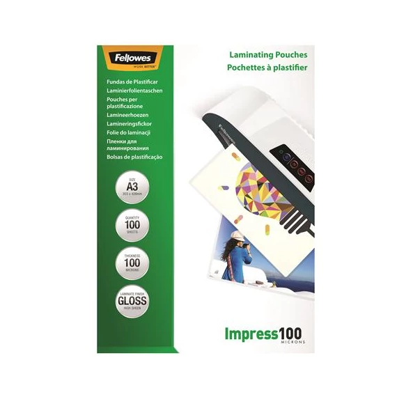 Meleglamináló fólia, 100 mikron, A3, fényes, 100 db, FELLOWES