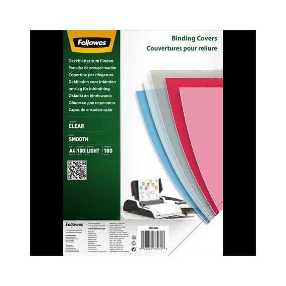 Előlap, A4, 180 mikron, PET, FELLOWES, víztiszta Előlap, A4, 180 mikron, PET, FELLOWES, víztiszta