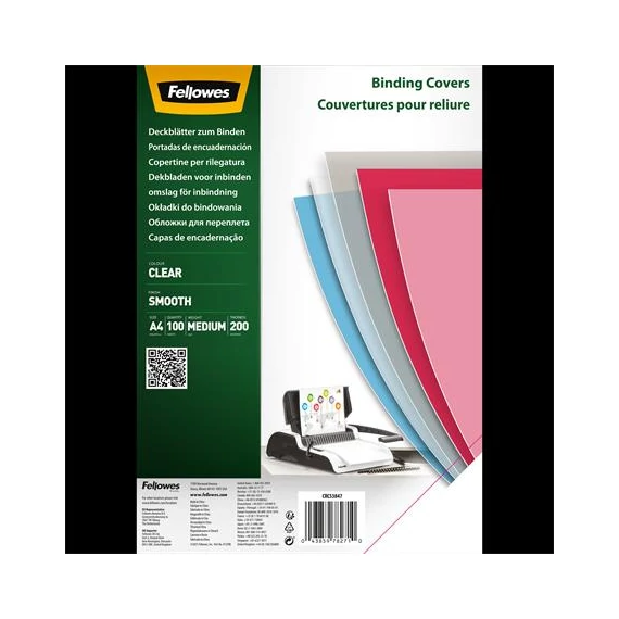 Előlap, A4, 200 mikron, PET, FELLOWES, víztiszta