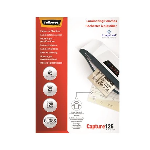 Meleglamináló fólia, 125 mikron, A5, fényes, 25 db, FELLOWES