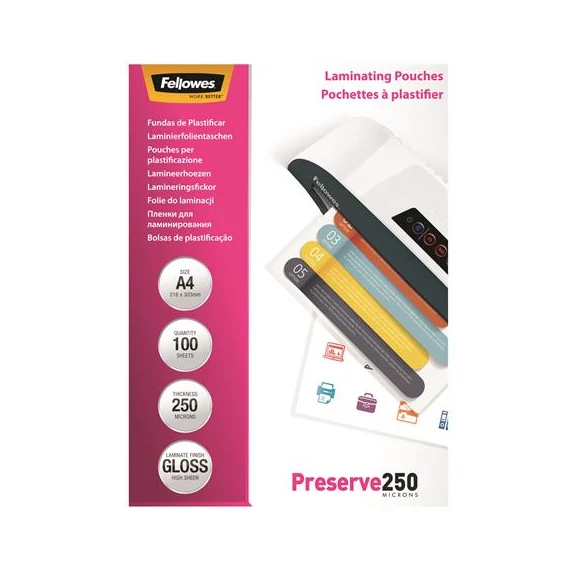 Meleglamináló fólia, 250 mikron, A4, fényes, 100 db, FELLOWES