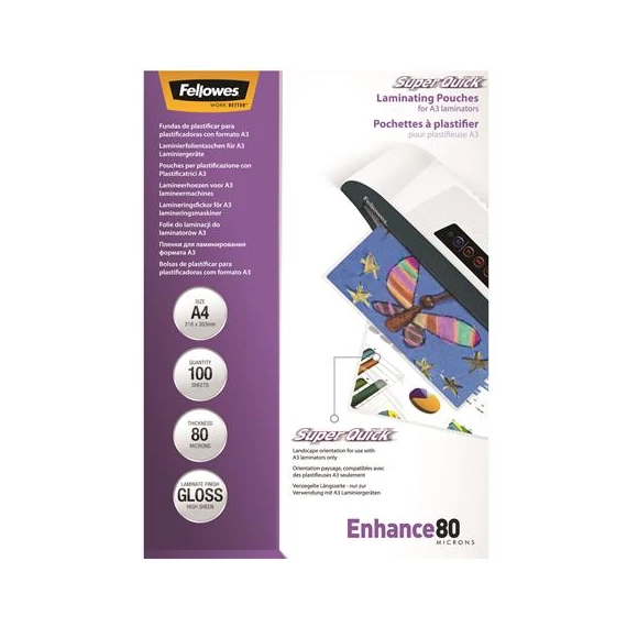 Meleglamináló fólia, 80 mikron, A4, SuperQuick, fényes, 100 db, FELLOWES