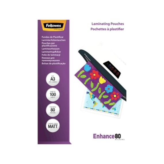Meleglamináló fólia, 80 mikron, A3, matt, 100 db, FELLOWES