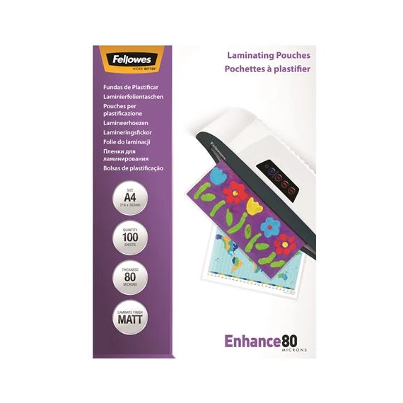 Meleglamináló fólia, 80 mikron, A4, matt, 100 db, FELLOWES Meleglamináló fólia, 80 mikron, A4, matt, 100 db, FELLOWES