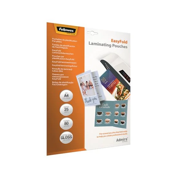 Meleglamináló fólia, 80 mikron, A4, fényes, 25 db, FELLOWES "Admire Easyfold"