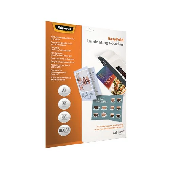 Meleglamináló fólia, 80 mikron, A3, fényes, előrehajtott, 25 db, FELLOWES "Admire Easyfold"