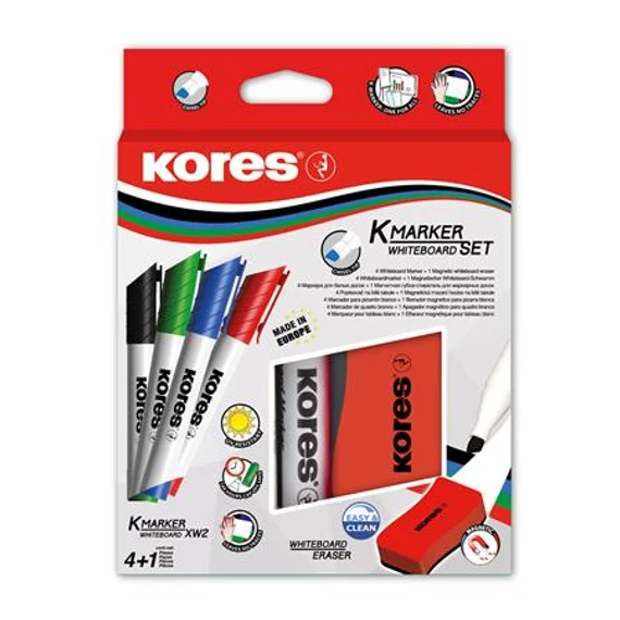 Tábla- és flipchart marker készlet mágneses táblatörlő szivaccsal, 3-5 mm, vágott, KORES "XW2", 4 különböző szín
