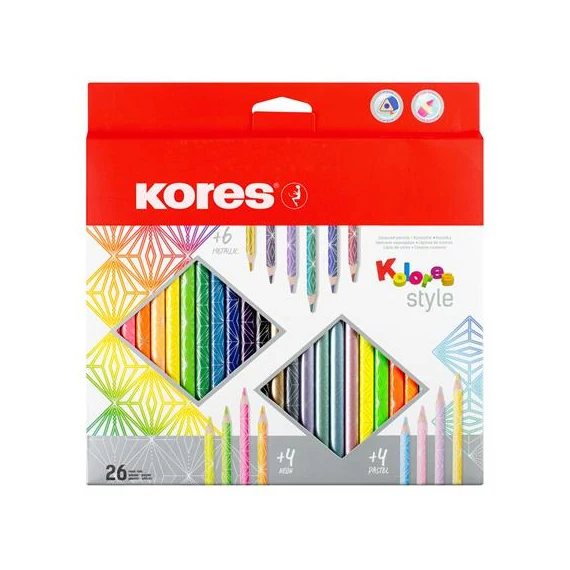 Színes ceruza készlet, háromszögletű, KORES "Kolores Style", 26 különböző szín