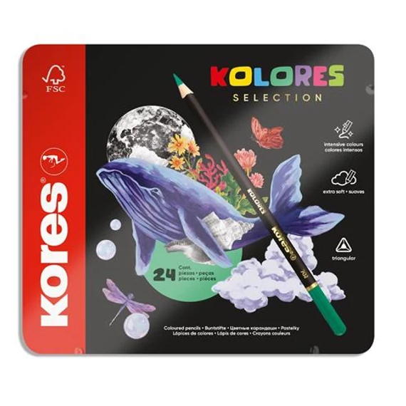 Színes ceruza készlet, háromszögletű, fém doboz, KORES "Kolores Selection", 24 különböző szín